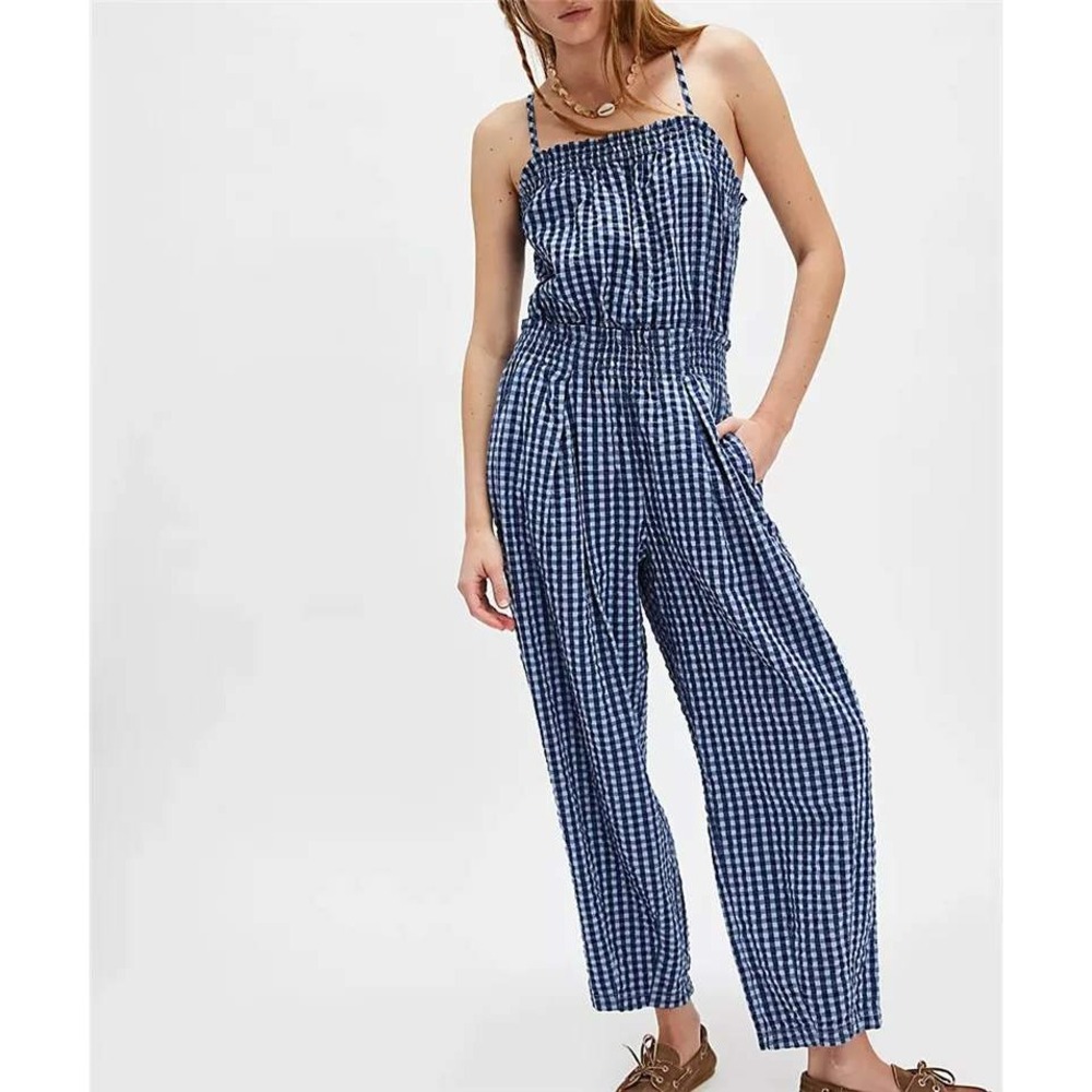 Free People Retro Heatwave Cotton Gingham Jumpsuit Navy Blue Smocked Cutout XS